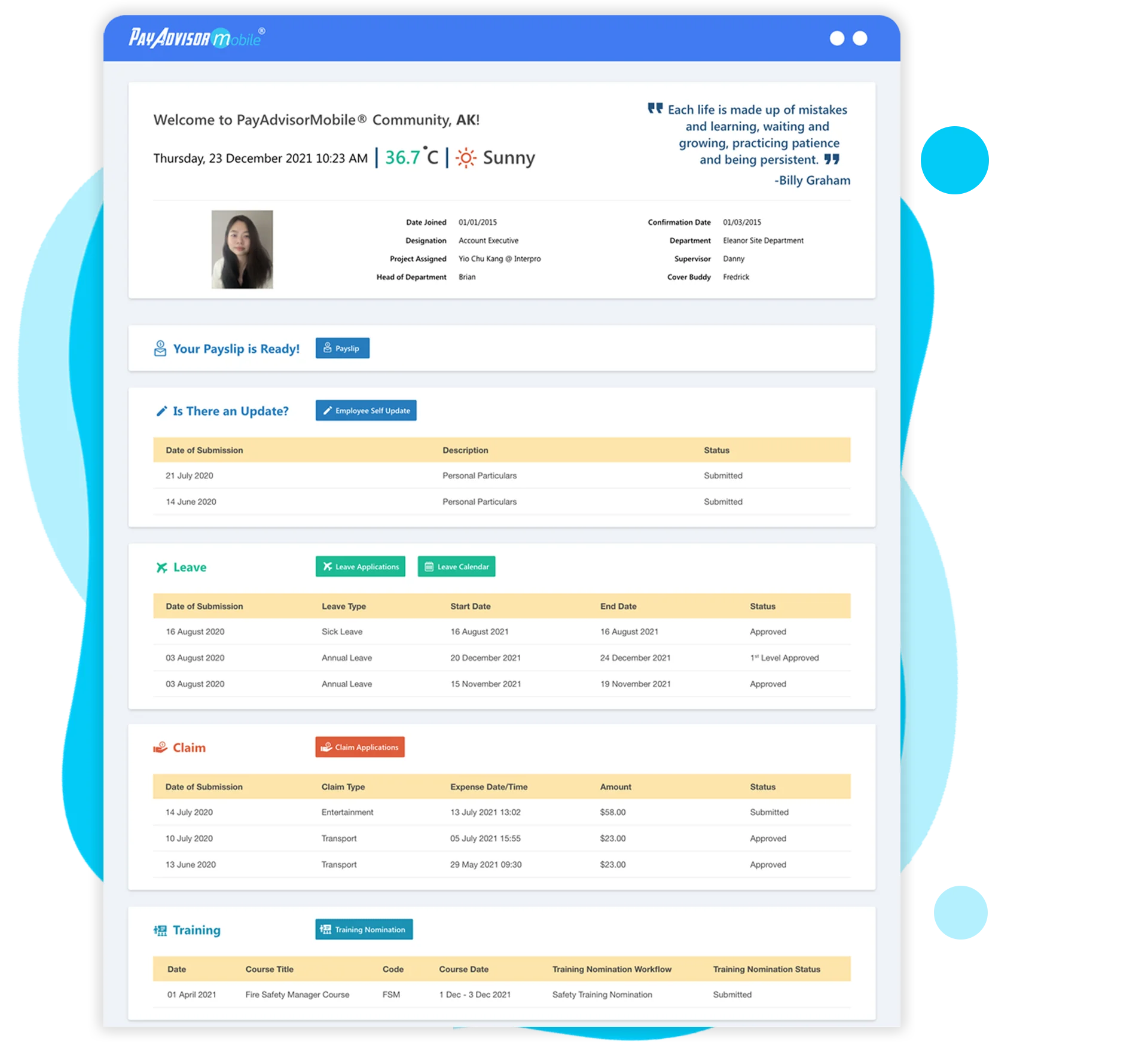 Employee personalised homepage with leave claims and training status