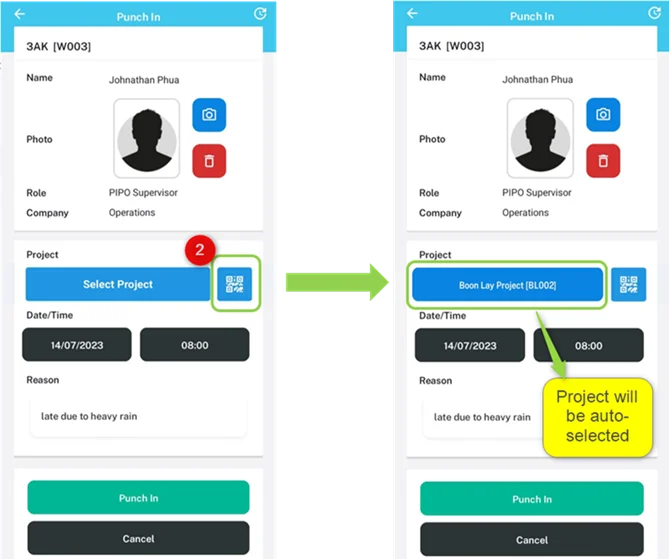 Step 2 - Select QR code option on PAM mobile app Punch In page to scan project code