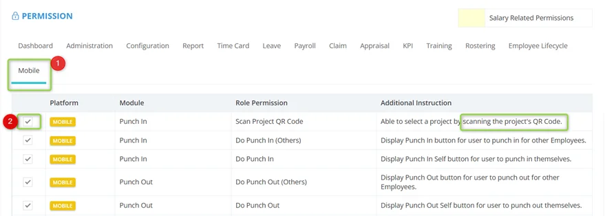 Role permission settings to enable Scan Project QR Code in PayAdvisorMobile® administration