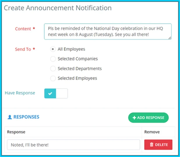 PAM announcement notification creation interface with response options