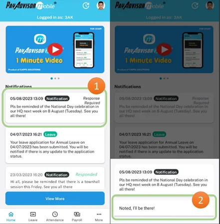 Employee mobile phone screen showing PAM announcement notification on the app home screen