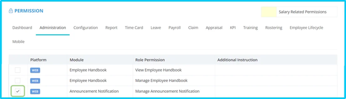 Role permission settings to enable Announcement Notification in PayAdvisorMobile® administration panel